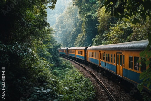 Train journey through lush forest landscape in misty mountains