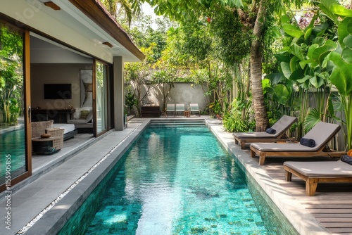 Wallpaper Mural Contemporary Outdoor Oasis: Modern House with Inviting Poolside Ambiance and Sleek Sunbed Decor Torontodigital.ca