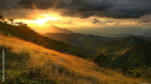 Sunset over rolling hills and grassy slopes. photo