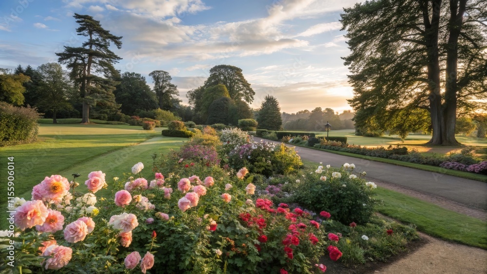 A view of the beautiful English garden at sunset in springtime. A view of the beautiful English garden at sunset in springtime.