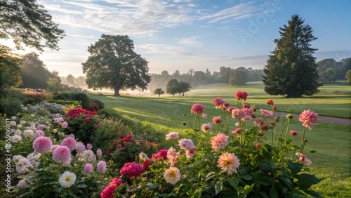 Fototapeta Naklejka Na Ścianę i Meble -  A view of the beautiful English garden at sunset in springtime.