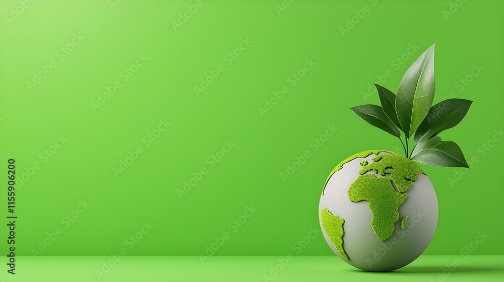 Eco-Friendly Globe with Green Leaves on Bright Green Background Eco-Friendly Globe with Green Leaves on Bright Green Background