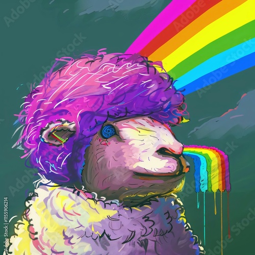 Purplehaired sheep blue eyes stands out cyberpunkinspired backdrop spewing rainbow wearing white scarf blending fantasy cyberpunk aesthetics photo