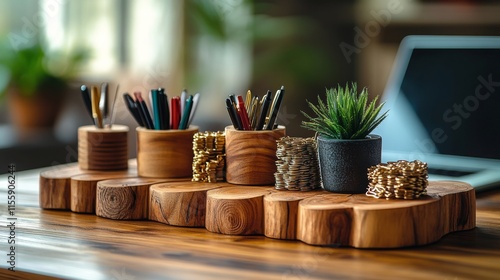 Modern workspace with wooden desk, plants, and stationary in cozy setting
