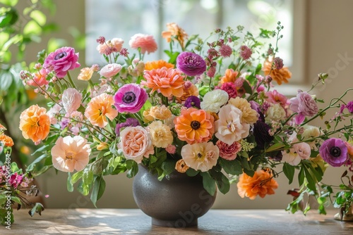 Colorful bouquet of fresh flowers in a glass vase on a sunny windowsill durin...
