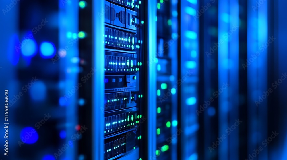 Modern Data Center with Blue LED Lights and High-Tech Server Racks in Focus : Generative AI Modern Data Center with Blue LED Lights and High-Tech Server Racks in Focus : Generative AI