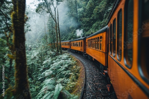 Train journey through lush forest landscape in misty mountains