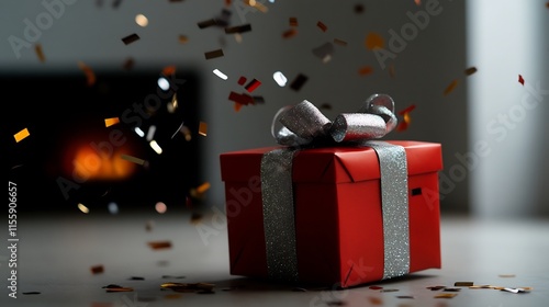 Red Gift Box with Silver Bow Under Falling Confetti photo