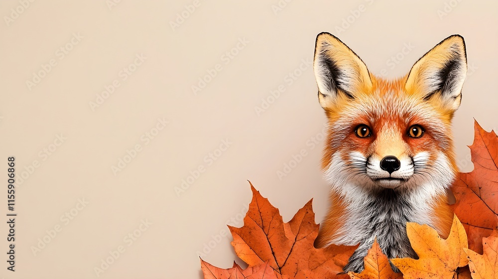 Obraz premium Colorful Fox Surrounded by Autumn Leaves on a Neutral Background