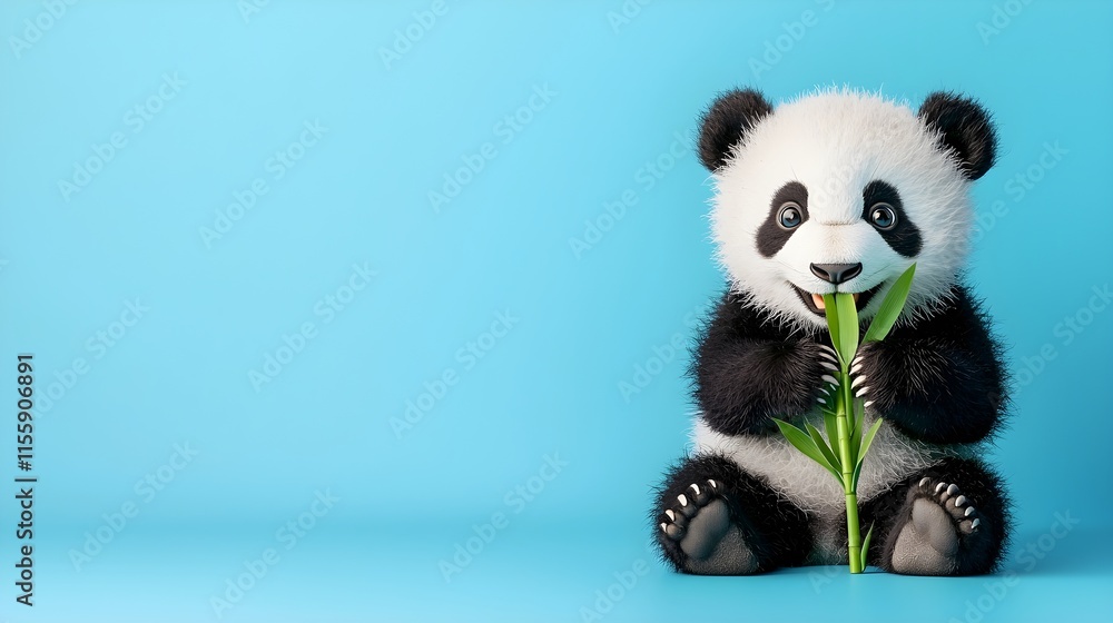 Adorable baby panda holding bamboo against a blue background Adorable baby panda holding bamboo against a blue background