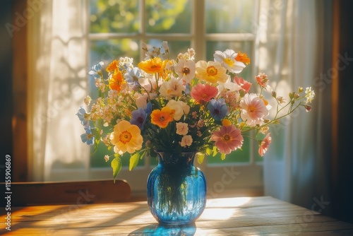 Colorful bouquet of fresh flowers in a glass vase on a sunny windowsill durin...