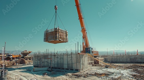 Construction Site: Crane Lifting Concrete Block