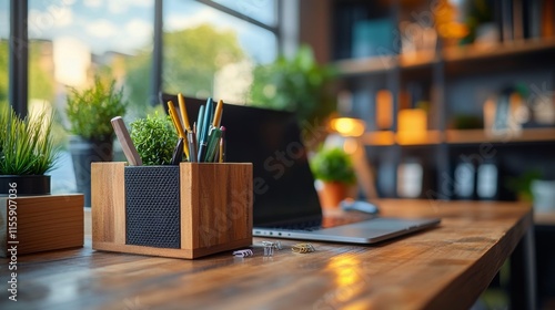 Modern workspace with wooden desk, plants, and stationary in cozy setting photo