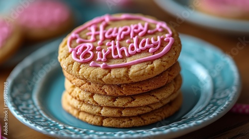Delicious birthday cookies stacked with a cheerful decoration for a special c...