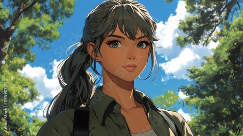 Young woman in nature with gray hair and backpack enjoying a sunny day in a l...