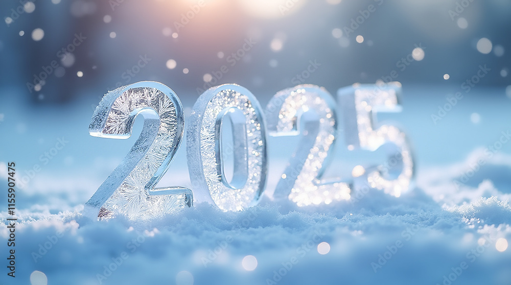 Ice sculpture of the year 2025 surrounded by snow in a winter landscape with sunlight Ice sculpture of the year 2025 surrounded by snow in a winter landscape with sunlight