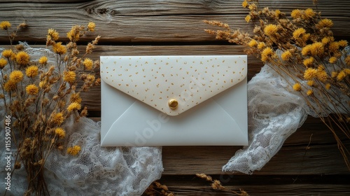 Elegant floral arrangement with decorative envelope on lace fabric