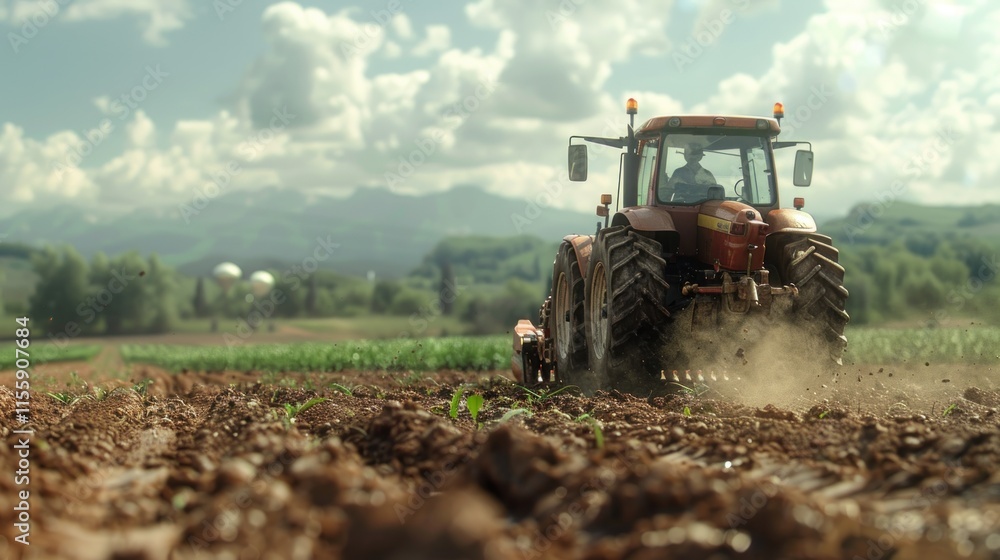 Fototapeta premium Tractor plowing a field in a rural landscape