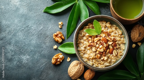 Delicious bowl of oatmeal topped with pecans and fresh basil on a textured ba...