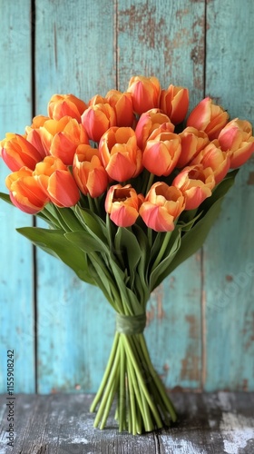 Vibrant bouquet of red and yellow tulips on a blue wooden background