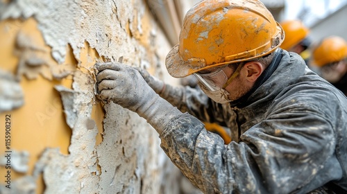 Skilled workers renovating a weathered wall in an old building during the day