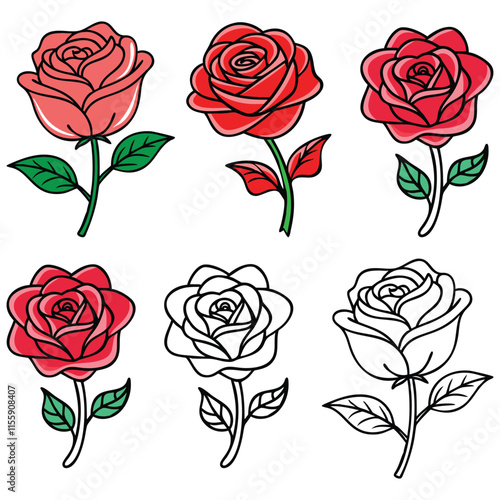 Red Rose Icon Set in Color and Outline, A collection of six rose icons featuring vibrant red designs with green leaves and black-and-white outline versions, perfect for romantic and decorative themes.