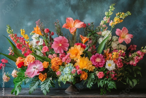 Bright and colorful floral arrangement displayed against a textured background