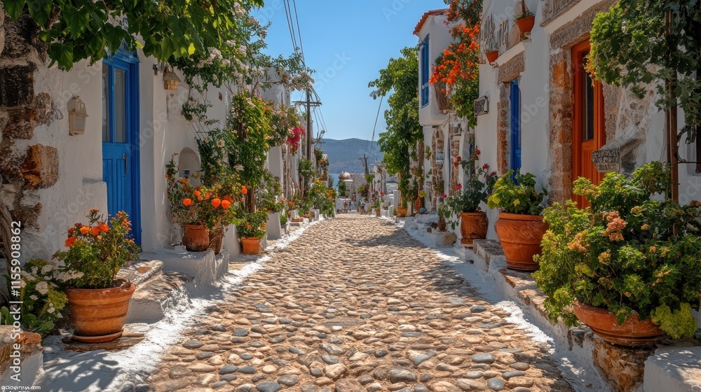 Sunny cobblestone street in a whitewashed village. Sunny cobblestone street in a whitewashed village.