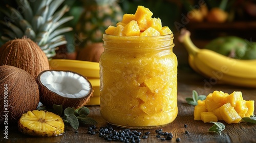 Bright tropical fruits in a mason jar with rustic wooden background and fresh...