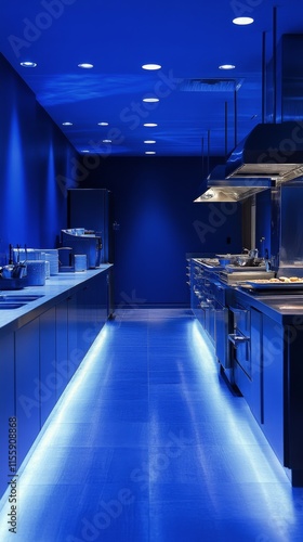 Modern kitchen design features striking blue lighting and sleek appliances in...
