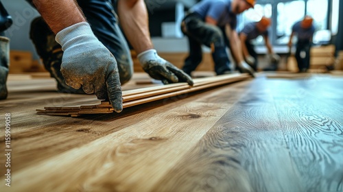 Construction workers installing new flooring in a bright room during sunset
