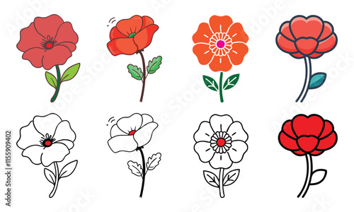Poppy Flower Icon Set in Color and Outline, A collection of eight poppy flower icons featuring vibrant red and orange designs alongside minimalist black-and-white outlines for versatility.
