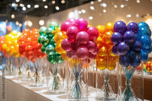 Colorful balloon arrangement showcased in a modern art gallery setting