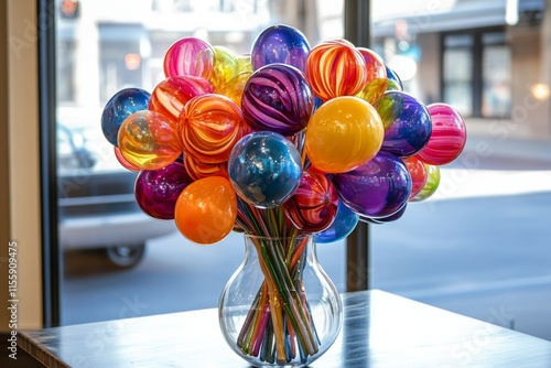 Colorful balloon arrangement showcased in a modern art gallery setting photo