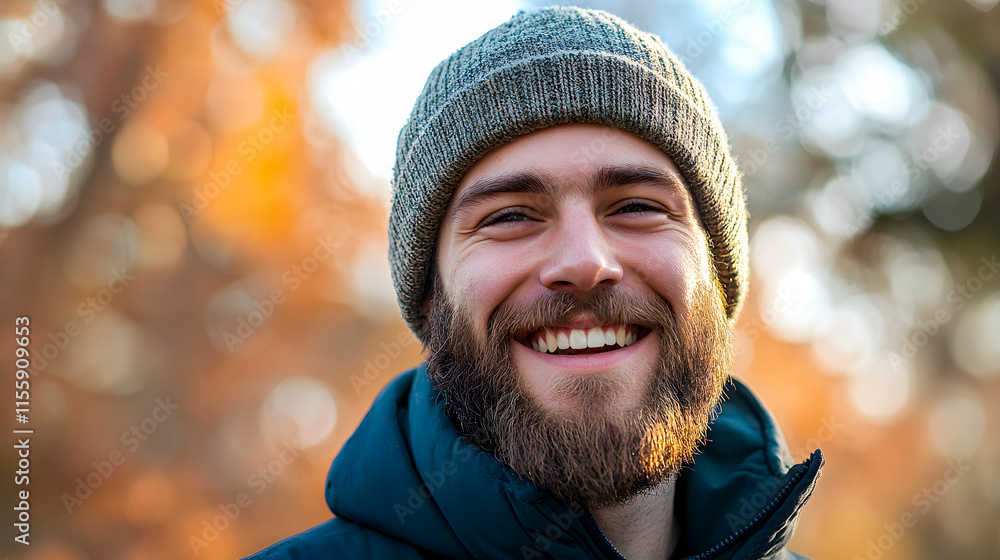 Portrait of a cheerful, happy, and bearded man standing outdoors, smiling at the camera. Portrait of a cheerful, happy, and bearded man standing outdoors, smiling at the camera.