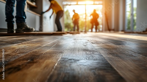 Construction workers installing new flooring in a bright room during sunset