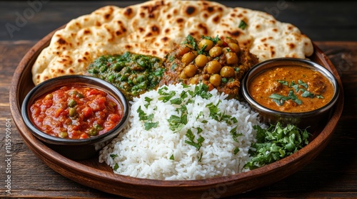 Delicious Indian meal served on a traditional platter with various curries an...