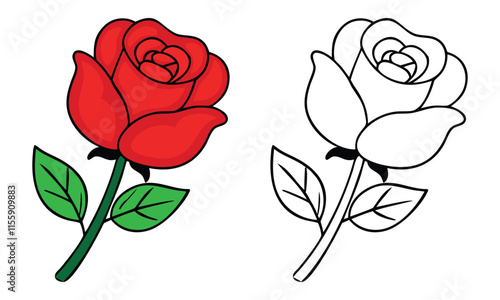 Red Rose Icons in Color and Outline Style, Vector illustrations of a red rose with green leaves, shown in vibrant color and black-and-white outline styles for versatile designs.
