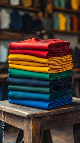 Colorful stack of folded clothes in a textile shop with crafting materials in...
