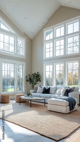 Bright and airy living room with large windows and lush plants during a sunny...