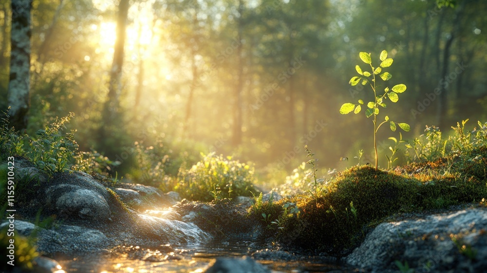 Sunrise in forest with small plant and stream. Sunrise in forest with small plant and stream.