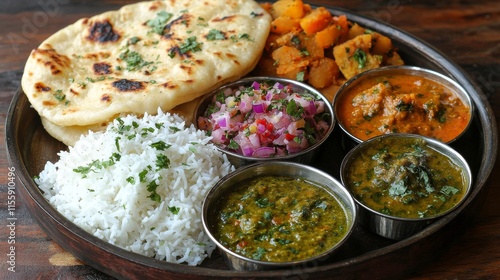 Delicious Indian meal served on a traditional platter with various curries an...