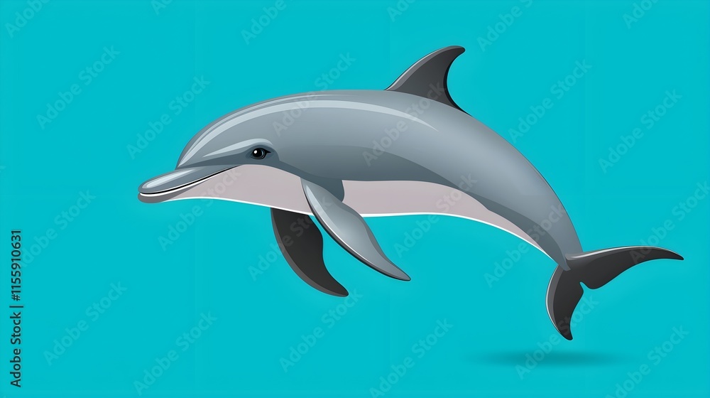 Cartoon Dolphin Swimming in Ocean with Bright Blue Background Cartoon Dolphin Swimming in Ocean with Bright Blue Background