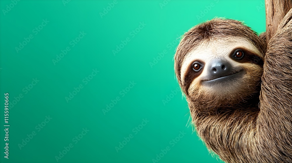 Fototapeta premium Smiling Sloth Hanging on Tree with Vibrant Green Background