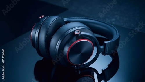 High-quality black over-ear headphones with sleek red accents on a reflective surface, illuminated by moody lighting photo