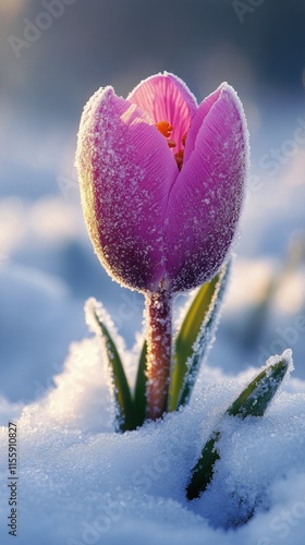 Blooming tulip surrounded by snow on a chilly winter morning