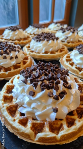 Delicious waffles topped with whipped cream and chocolate chips at a cozy bre...