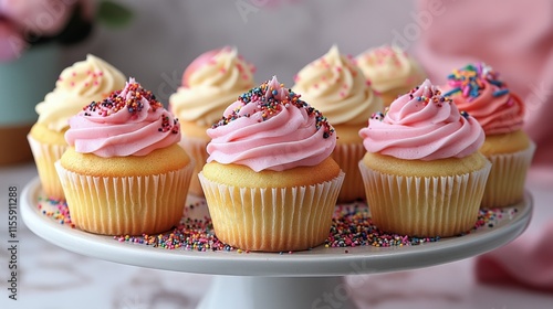 Delicious cupcakes decorated with colorful frosting and sprinkles on a wooden...