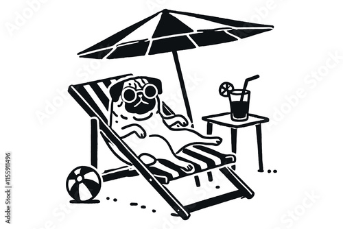 Funny pug relaxing on a lounge chair under a beach umbrella, minimal art