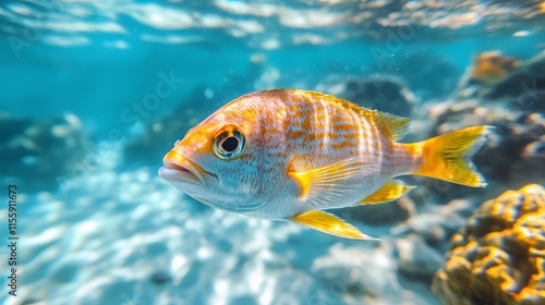 Colorful fish swimming in clear tropical waters near coral reef